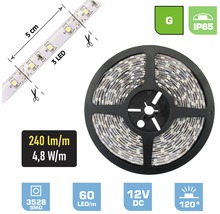 LED pásik na cievke s dĺžkou 5 cm a 3 LED, označenie 240 lm/m a 4,8 W/m, 3528 SMD, 60 LED na meter, 12V DC a uhol svetla 120 stupňov, trieda energetickej účinnosti G a stupeň krytia IP65