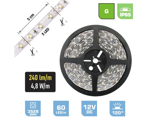 LED pásik FK technics IP65 2,4 W 120 lm 0,5 m zelený, metrážový sortiment LED pásik na cievke s dĺžkou 5 cm a 3 LED, označenie 240 lm/m a 4,8 W/m, 3528 SMD, 60 LED na meter, 12V DC a uhol svetla 120 stupňov, trieda energetickej účinnosti G a stupeň krytia IP65