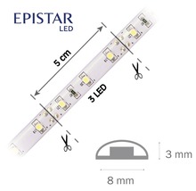 LED pásik Epistar s dĺžkou 5 cm, ktorý sa dá strihať každé 3 LED diódy. Rozmery: 8 mm na šírku a 3 mm na výšku.