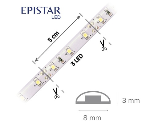 LED pásik Epistar s dĺžkou 5 cm, ktorý sa dá strihať každé 3 LED diódy. Rozmery: 8 mm na šírku a 3 mm na výšku.