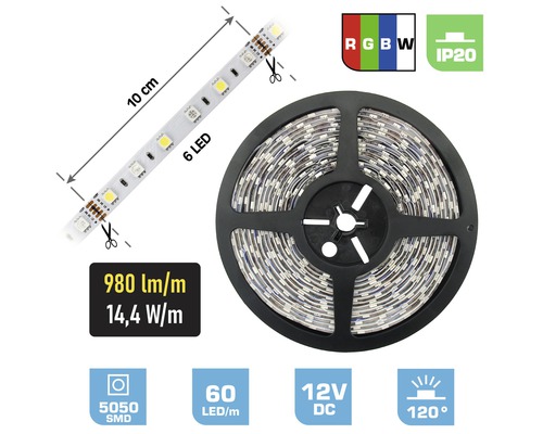 LED pásik FK technics IP20 7,2W 490lm 6000K 0,5m RGBW, metrážový sortiment