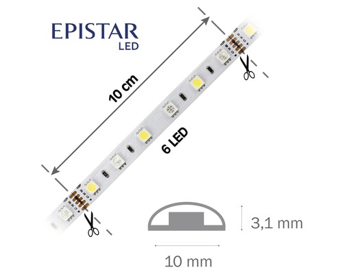 LED pásik Epistar, dĺžka 10 cm, so šiestimi LED diódami a značkami na rezanie