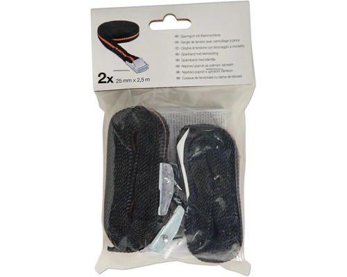 Balenie dvoch napínacích popruhov s upínacím zámkom, každý s rozmermi 25 milimetrov krát 2,5 metra