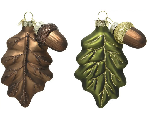 Vianočná ozdoba list so žaluďom 10 cm, rôzne farby Dve ozdoby z dubových listov s trblietavými akcentmi na zavesenie
