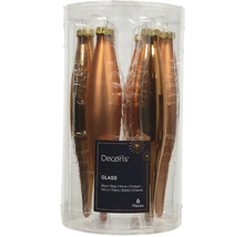 Šesť štíhlych, podlhovastých sklenených vianočných gúľ v priehľadnom obale