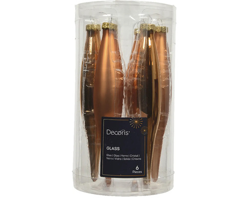 Šesť štíhlych, podlhovastých sklenených vianočných gúľ v priehľadnom obale