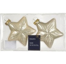 Dve sklenené hviezdy s trblietavou dekoráciou v priehľadnom obale