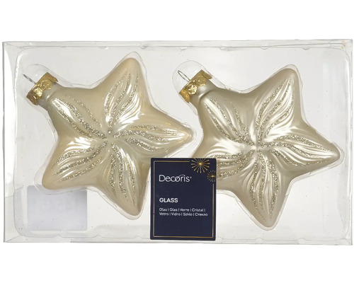 Dve sklenené hviezdy s trblietavou dekoráciou v priehľadnom obale