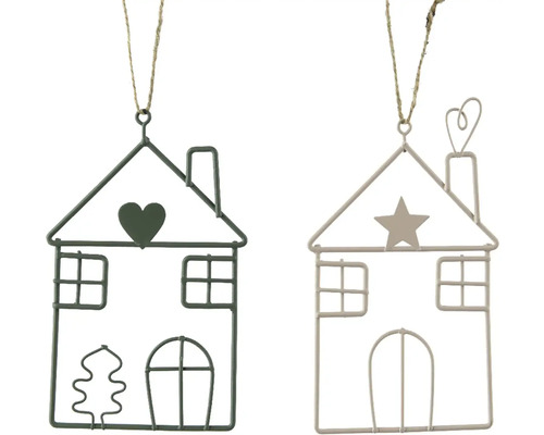 Vianočná ozdoba obrys domčeka, rôzne druhy Dva ozdobné kovové prívesky na dom s povrázkom na zavesenie