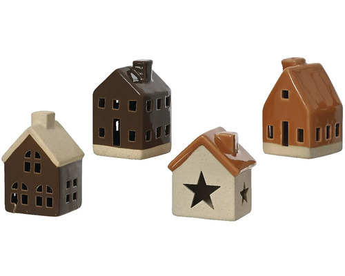 Vianočná dekorácia domček 11 cm Štyri dekoratívne keramické domčeky na sviečky