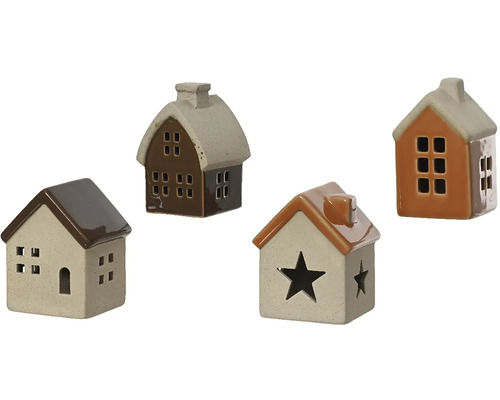 Dekorácia domček porcelánový 8 cm, rôzne druhy Štyri dekoratívne keramické domčeky ako držiaky na čajové sviečky