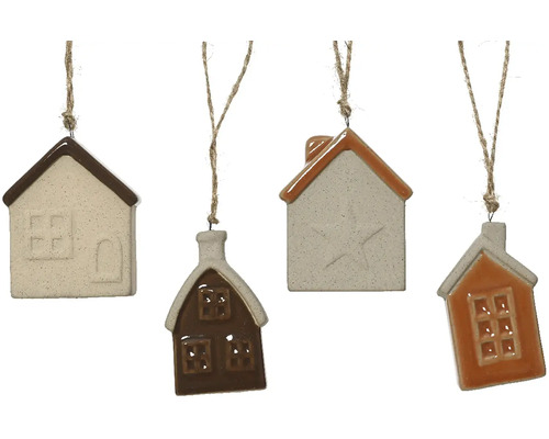 Vianočná ozdoba domček terakota, rôzne druhy Štyri keramické závesné ozdoby domov so šnúrkou.