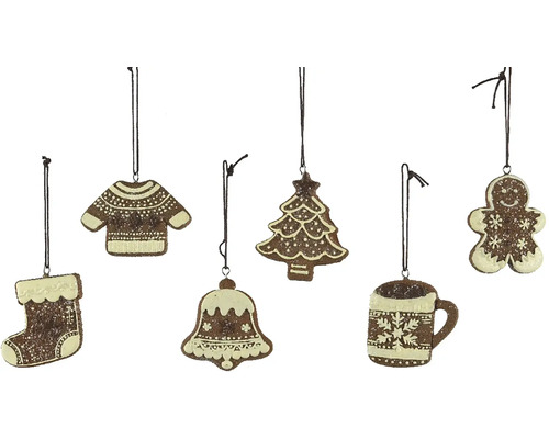 Vianočné ozdoby perníčky 6 cm, rôzne druhy Sada ozdôb na vianočný stromček s motívmi ako sveter, jedľa, zvonček, hrnček, medovník a pančucha na zavesenie