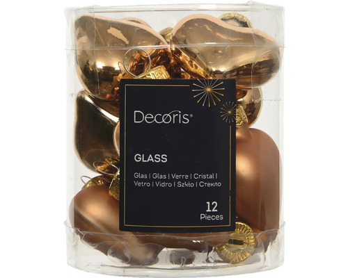 Vianočné ozdoby sklenené srdce 4 cm lesk/mat farba brandy 12 ks Dvanásť sklenených ozdôb na vianočný stromček v tvare srdca v nádobe