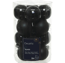 Priehľadná sklenená nádoba so 16 čiernymi sklenenými vianočnými guľami, priemer 3,5 cm