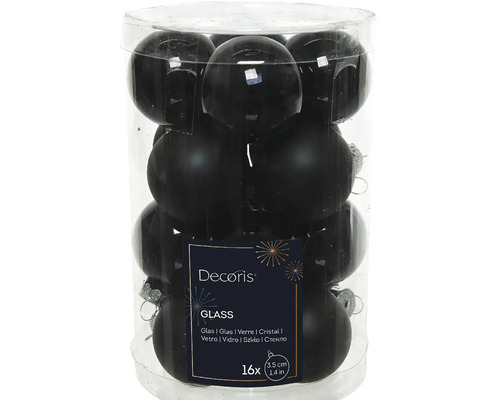 Priehľadná sklenená nádoba so 16 čiernymi sklenenými vianočnými guľami, priemer 3,5 cm