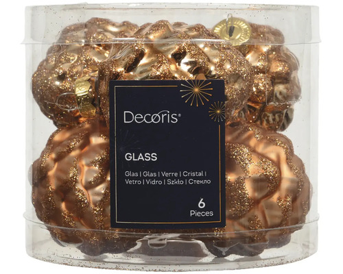 Vianočné ozdoby šišky sklenené červené 6 ks Šesť zlatých sklenených vianočných gúľ v priehľadnom obale