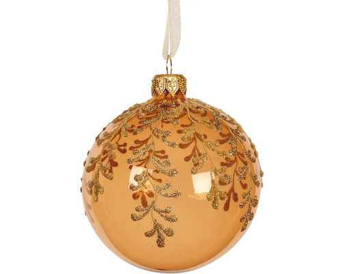 Vianočná ozdoba sklenená guľa Ø 8 cm farba brandy Sklenená vianočná guľa s listovým dekorom a závesom