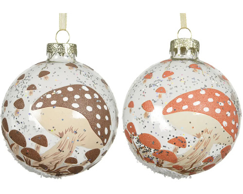 Dve vianočné gule s motívom huby a pútkom.