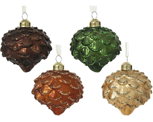 Vianočná ozdoba šiška sklenená Ø 8 cm, rôzne farby Štyri ozdobné šišky vianočné gule s vešiakmi