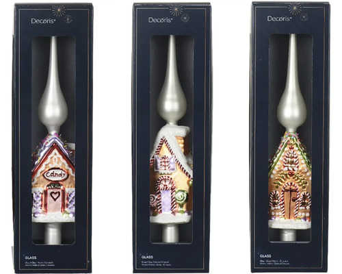 Vianočná špička na stromček chalúpka 31 cm, rôzne druhy Tri ozdoby na vianočný stromček v tvare perníkovej chalúpky v obaloch