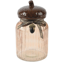 Dekoratívna sklenená dóza s vrchnákom v tvare žalude a stuhou