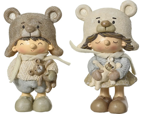 Dekorativní figurka chlapec/dívka keramická 16 cm 1 ks Dve dekoratívne figúrky v tvare detí s medvedími čiapkami