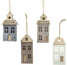 Štyri ozdobné závesy v tvare domu z dreva a plsti so šnúrkou