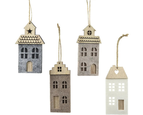 Štyri ozdobné závesy v tvare domu z dreva a plsti so šnúrkou