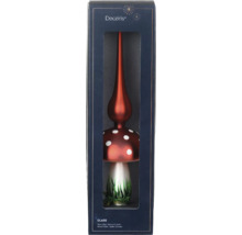 Logo Decoris. Sklenená špička na stromček v tvare huby v balení.