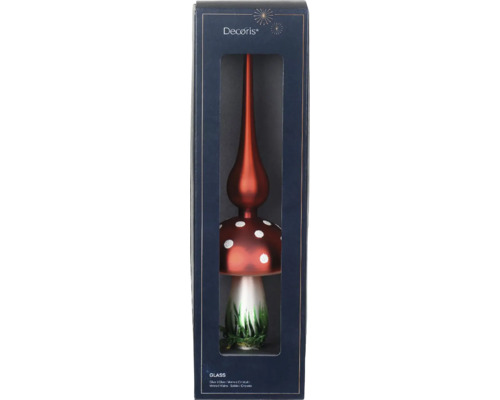 Logo Decoris. Sklenená špička na stromček v tvare huby v balení.