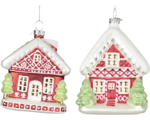 Vianočná ozdoba domček 9 cm, rôzne druhy Dva perníkové domčeky ako ozdoby na vianočný stromček so závesom