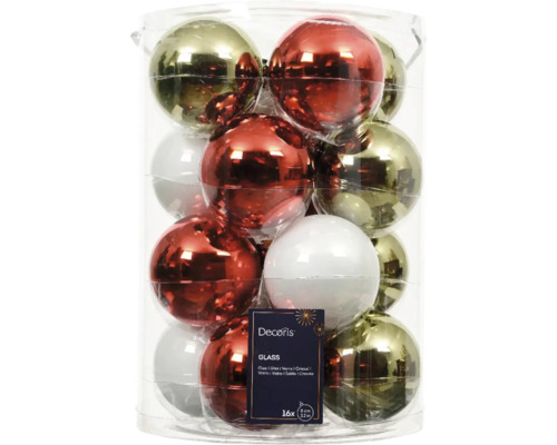 Vianočné ozdoby sklenené gule Ø 8 cm červené biele zlaté 16 ks Balenie šestnástich sklenených vianočných gúľ