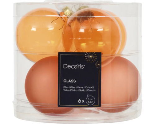 Vianočné ozdoby sklenené gule Ø 6 cm oranžové 6 ks Balenie šiestich sklenených vianočných gúľ, priemer šesť centimetrov