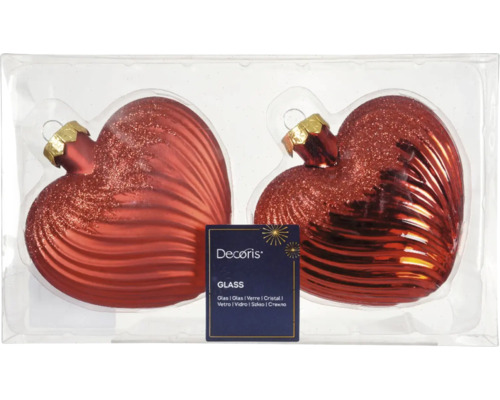 Vianočné ozdoby srdce sklenené červené 2 ks Sada dvoch sklenených vianočných gúľ v tvare srdca