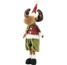 Dekoratívna figúrka losa s kockovanou čiapkou a šálom ako vianočná dekorácia