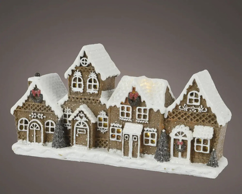 Vianočné dekorácie pernikové domčeky polyresin 24 x 6 x 12 cm hnedo-biela Dekoratívna scéna perníkovej chalúpky s osvetlením na vianočné obdobie