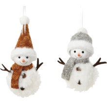 Dve závesné figúrky snehuliaka ako vianočná dekorácia s čiapkami a šálmi