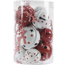 Dekoratívne vianočné zvončeky s bodkami a stuhami v priehľadnom balení.