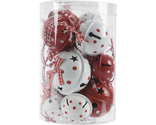 Vianočné ozdoby rolničky, červené a biele Dekoratívne vianočné zvončeky s bodkami a stuhami v priehľadnom balení.