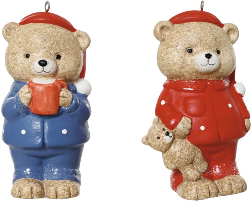 Vianočná ozdoba medveď v pyžame 9 cm 1 ks, rôzne druhy Dva plyšoví medvedíky ako ozdoby na vianočný stromček s vešiakom