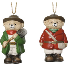 Dve figúrky medveďov ako ozdoby na stromček s klobúkom a zimným oblečením