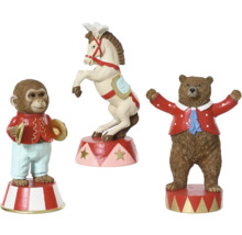 Sada cirkusových figúrok pozostávajúca z opice s činelmi, medveďa a koňa