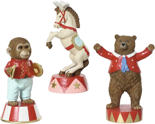 Dekorativní figurky cirkusová zvířátka 19 cm, různé druhy Sada cirkusových figúrok pozostávajúca z opice s činelmi, medveďa a koňa