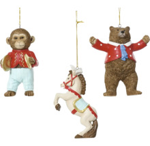 Ozdoby na vianočný stromček s motívom cirkusu: opica s činelmi, medveď v bunde a vzpínajúci sa kôň