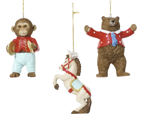 Vianočné figúrky cirkusové zvieratká 12 cm, rôzne druhy Ozdoby na vianočný stromček s motívom cirkusu: opica s činelmi, medveď v bunde a vzpínajúci sa kôň