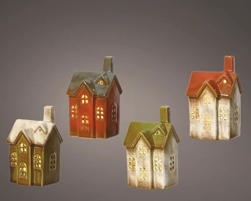 Štyri ozdobné keramické domčeky s okennými otvormi pre osvetlenie