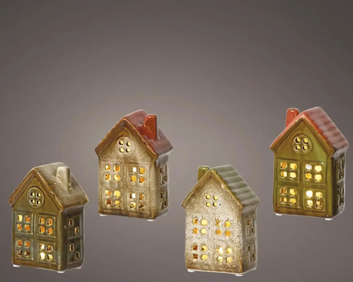 Svietiaci LED domček keramický 11 cm, rôzne druhy Štyri dekoratívne keramické domčeky s okennými otvormi pre čajové sviečky