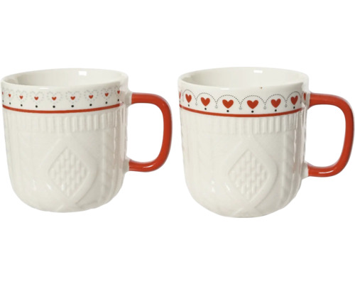 Dekorativní hrnek porcelánový Ø 8 x 9 cm bílo-červený motiv srdíček Dva biele keramické hrnčeky s červeným uchom a motívom srdca