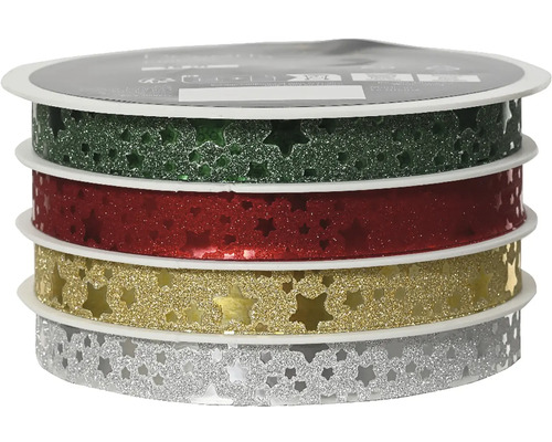 Dekoratívna stuha trblietavá 4 m, rôzne farby Sada ozdobných stúh s motívmi hviezd, štyri rolky
